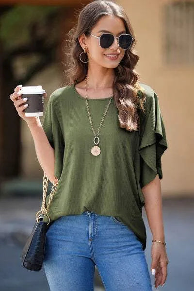 Round Neck Flutter Sleeve T-Shirt Women's T-Shirts - Tophatter Daily Deals